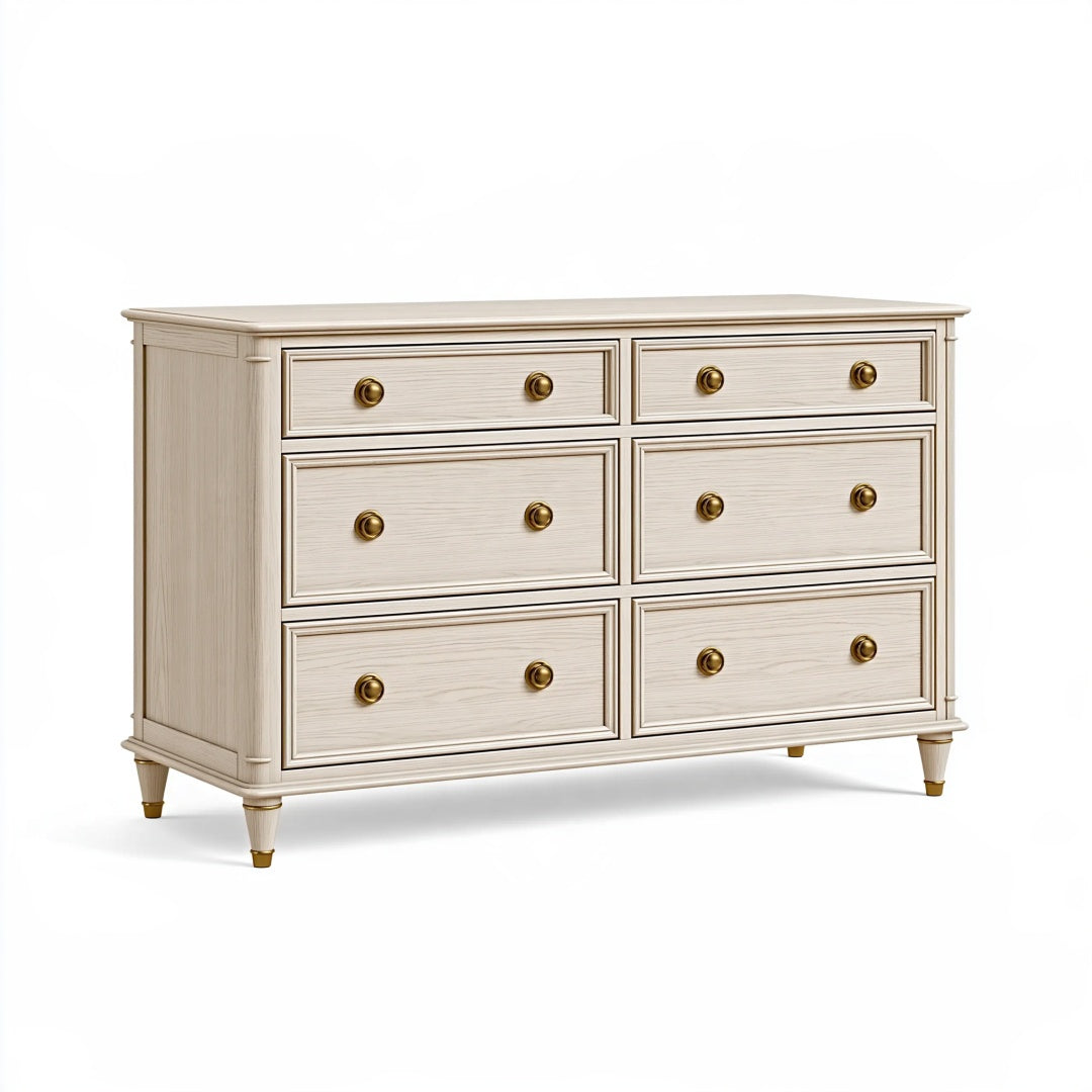 Cassettiera in legno bianco crema con 6 cassetti stile classico, dimensioni 140x45x90 cm, marca Ulmordiq.