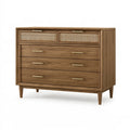 Cassettiera in legno marrone con rattan, stile retrò, dimensioni 120x45x95 cm, perfetta per camera da letto.