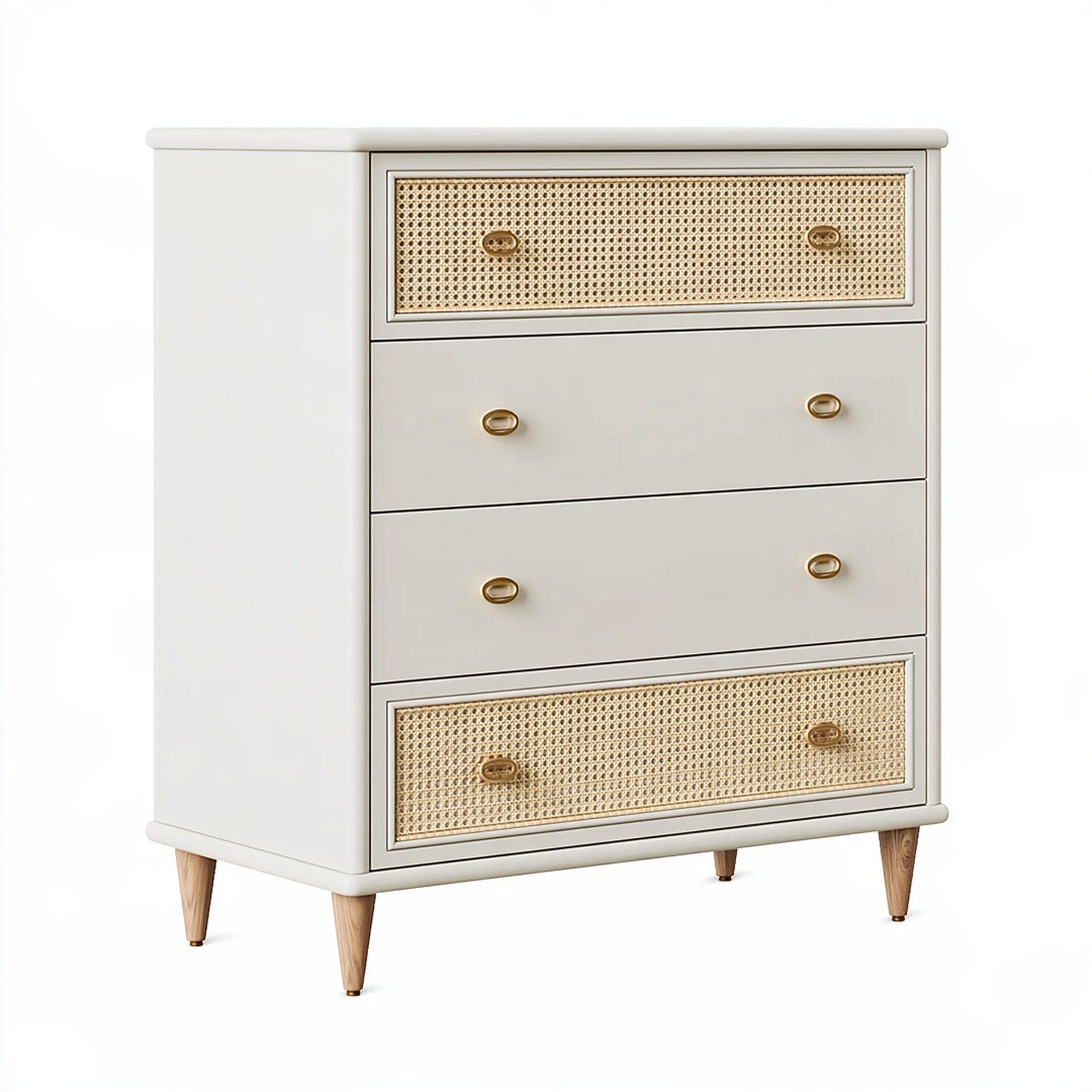 Cassettiera in legno avorio con inserti in rattan stile retrò, dimensioni 80x45x100 cm, marca Ulmordiq.