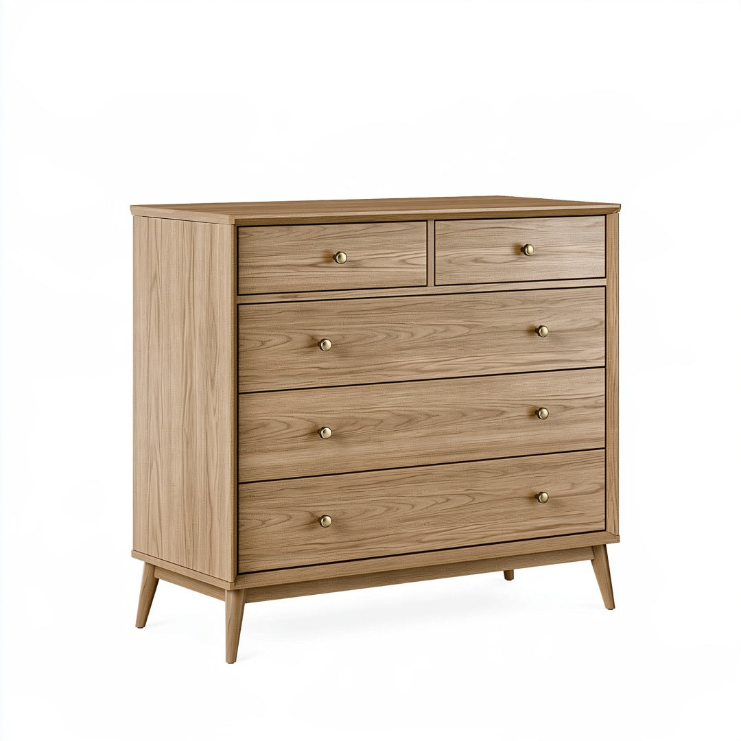 Cassettiera Ulmordiq in legno naturale, 120x45x100 cm, con 5 cassetti stile moderno, mostra dettagli del mobile elegante.