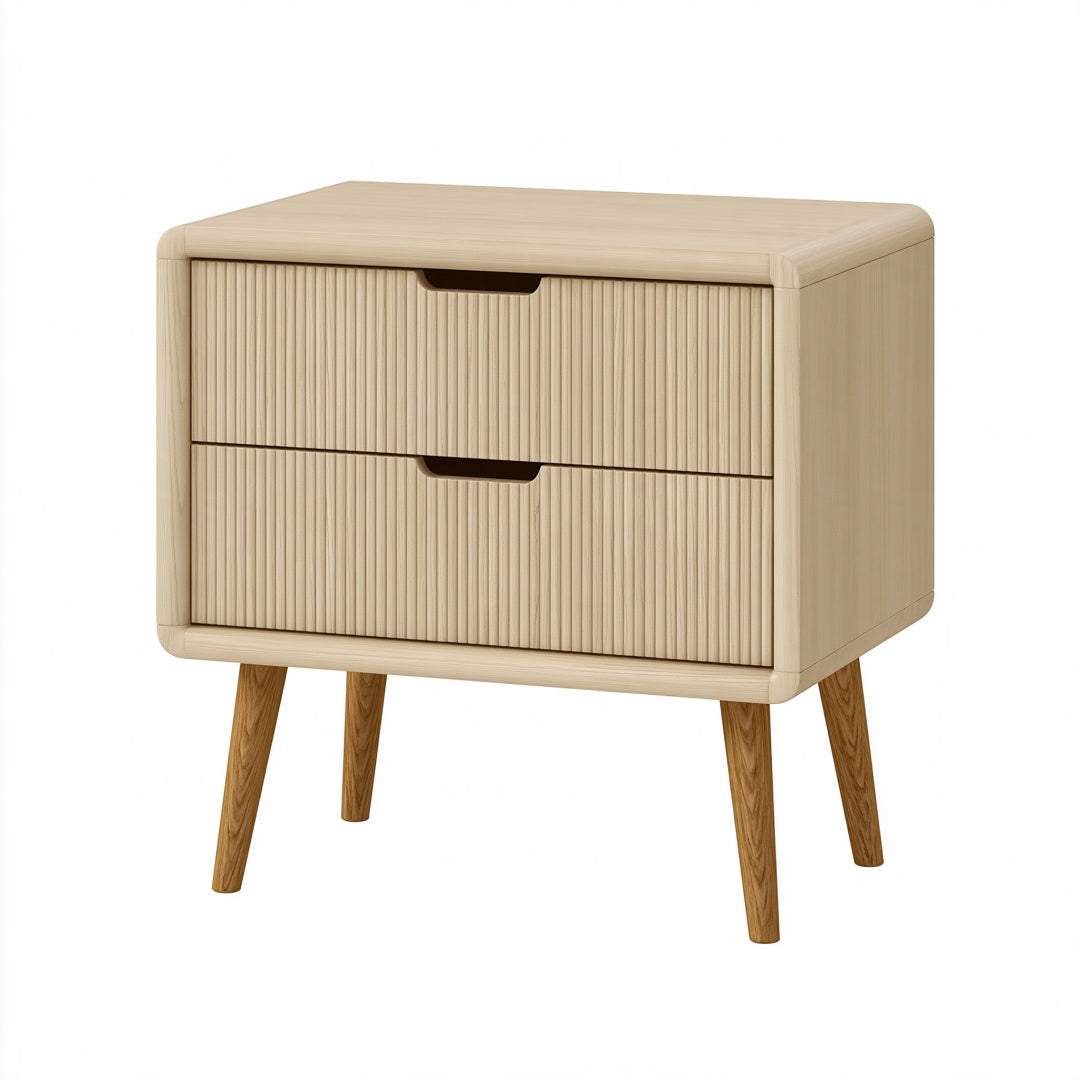 Comodino in legno beige stile nordico, dimensioni 60x40x65 cm, con 2 cassetti, firmato Ulmordiq.