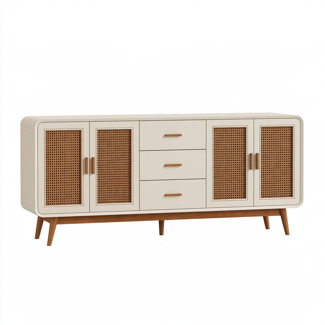 Credenza Ulmordiq 180 cm in legno beige con ante in rattan intrecciato e cassetti stile retrò, superficie liscia e dettagli eleganti.