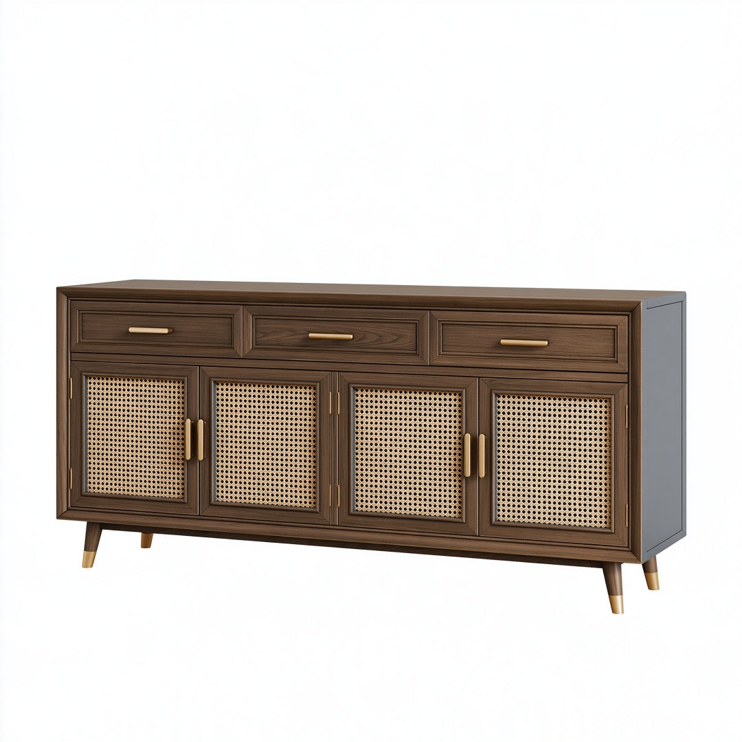 Credenza in legno marrone con ante in rattan stile retrò, dimensioni 180x45x85 cm, marca Ulmordiq.