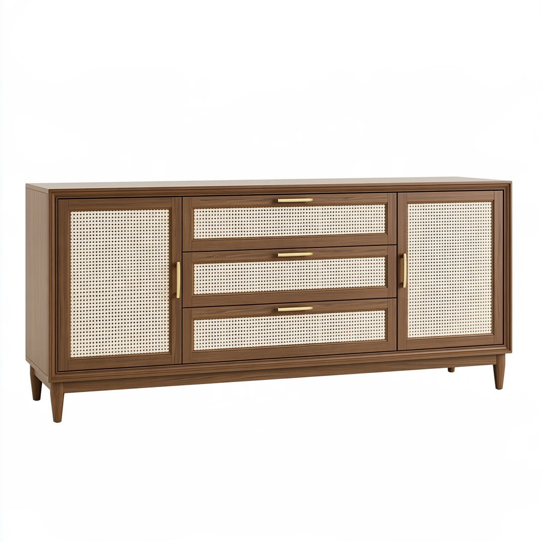 Credenza moderna Ulmordiq in legno marrone e rattan, 160x40x75 cm, mobile contenitore elegante e funzionale.