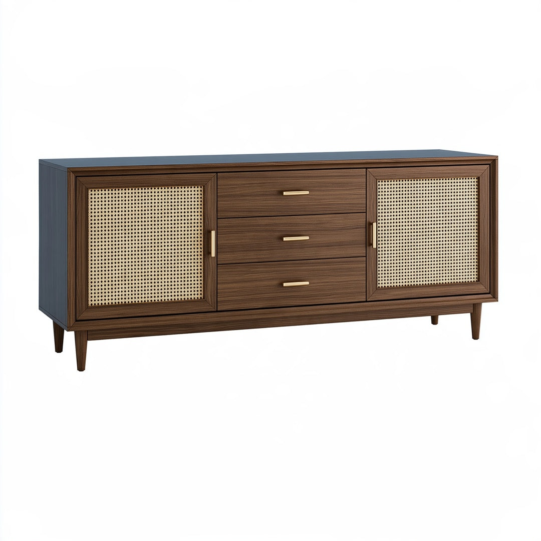 Credenza in legno marrone con rattan, stile retrò, 180x45x80 cm, con 2 ante e 3 cassetti, marca Ulmordiq