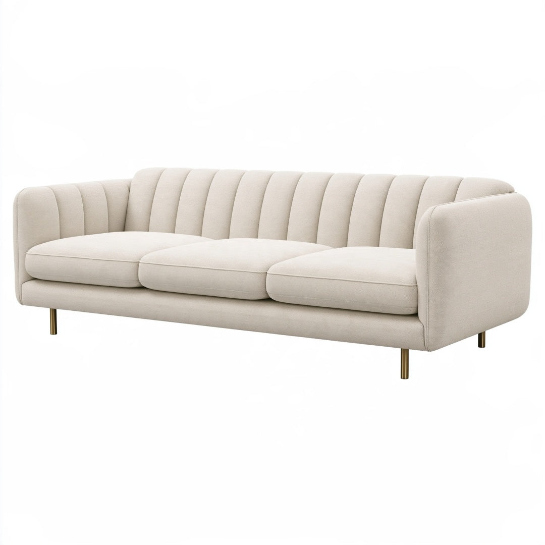 Divano 3 posti in tessuto avorio con schienale scanalato e gambe in metallo, dimensioni 210x88x78 cm, marca Ulmordiq