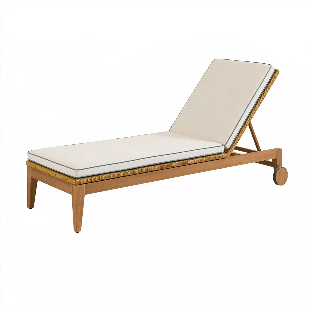 Lettino prendisole Ulmordiq in legno e fibra beige, schienale regolabile, ruote, misure 200x70x85 cm, ideale per esterni.