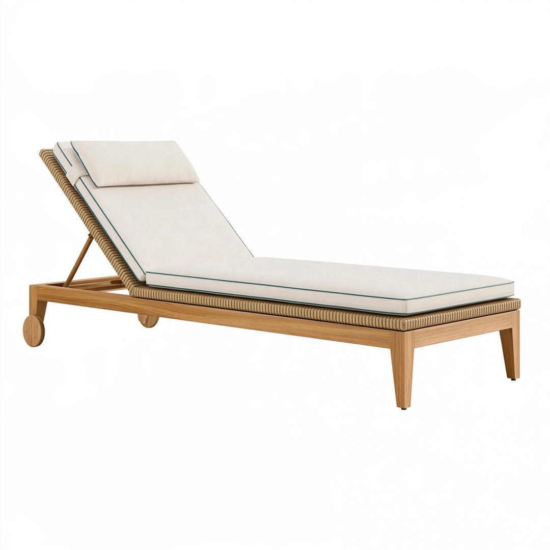 Lettino prendisole Ulmordiq in legno beige e bianco, 200 cm, con schienale regolabile, stile contemporaneo e design elegante.