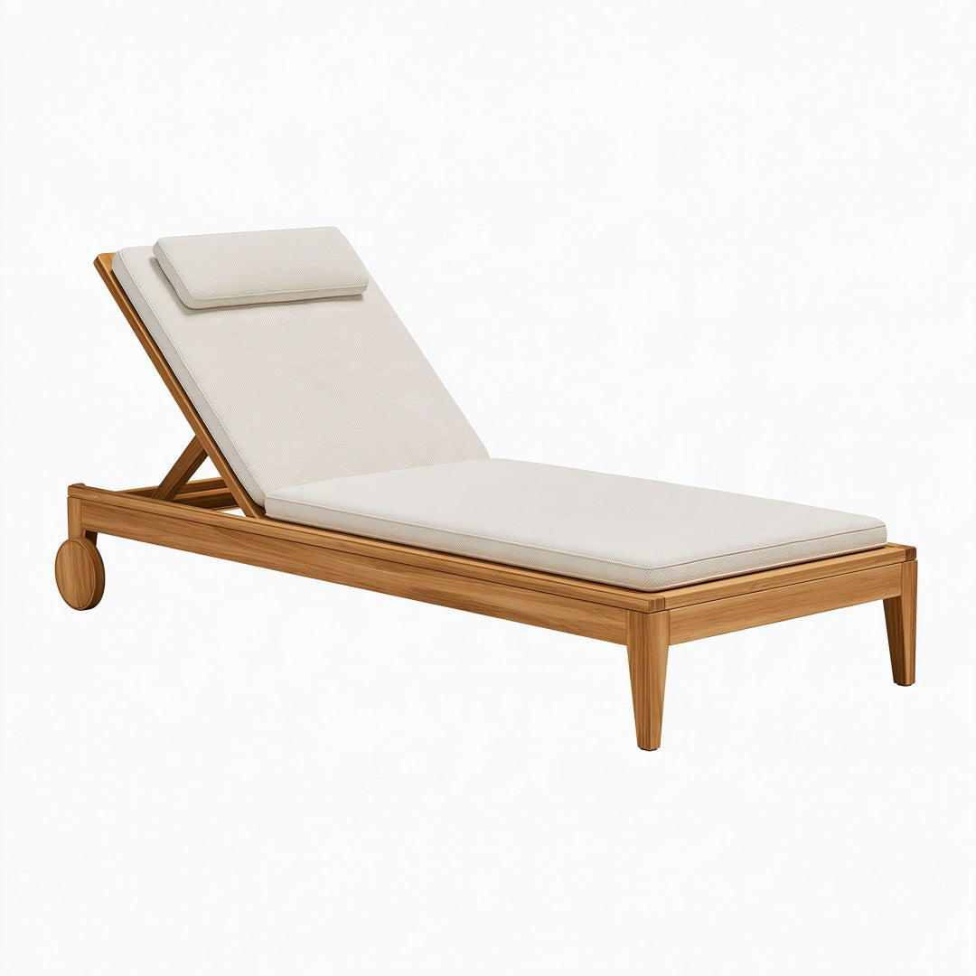 Lettino prendisole Ulmordiq in legno naturale e tessuto bianco con schienale regolabile, misura 200x70 cm.