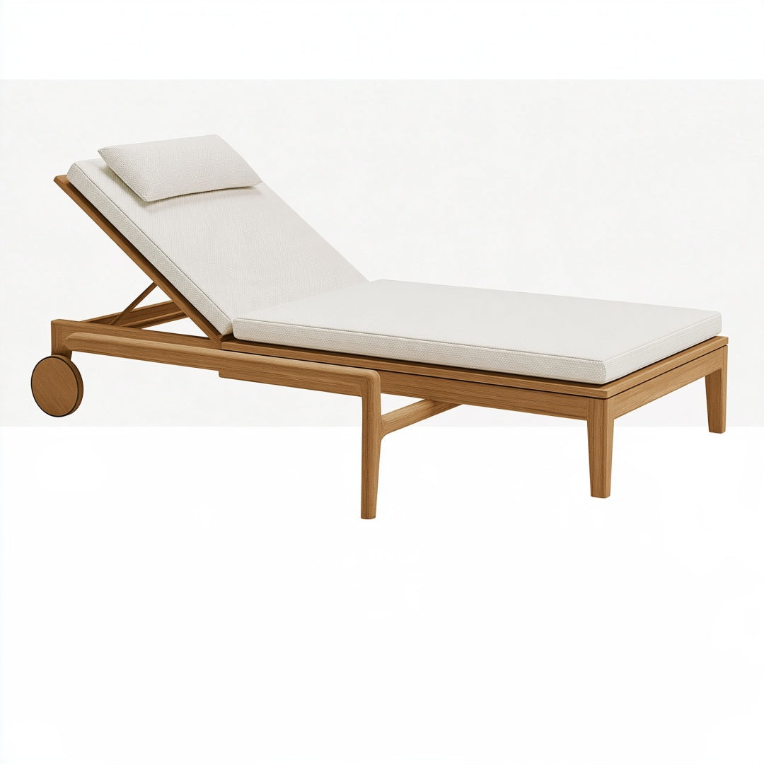 Lettino prendisole Ulmordiq in legno marrone con rivestimento beige reclinabile, ideale per esterni, misura 200 x 70 cm.