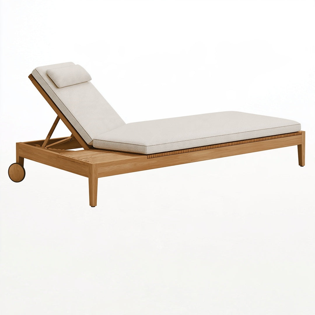 Lettino prendisole Ulmordiq in legno marrone, 200x70 cm, con imbottitura beige e schienale regolabile, vista dall'alto