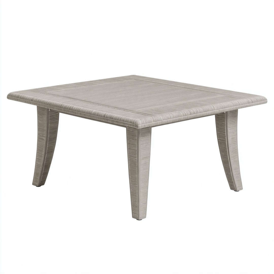Tavolo da giardino Ulmordiq in resina grigia effetto rattan, dimensioni 150x90x74 cm, superficie liscia e resistente.