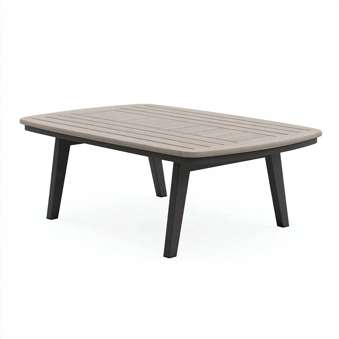 Tavolo da giardino Ulmordiq in materiale composito grigio con gambe in metallo, stile moderno, dimensioni 150x90 cm.