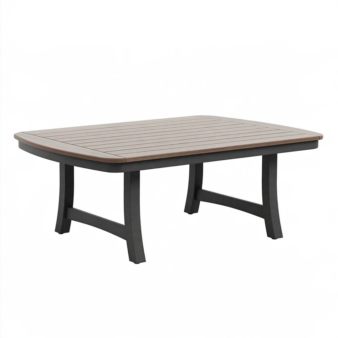 Tavolo da giardino modernissimo in legno marrone e nero, misura 150x90x45 cm, design elegante e funzionale.