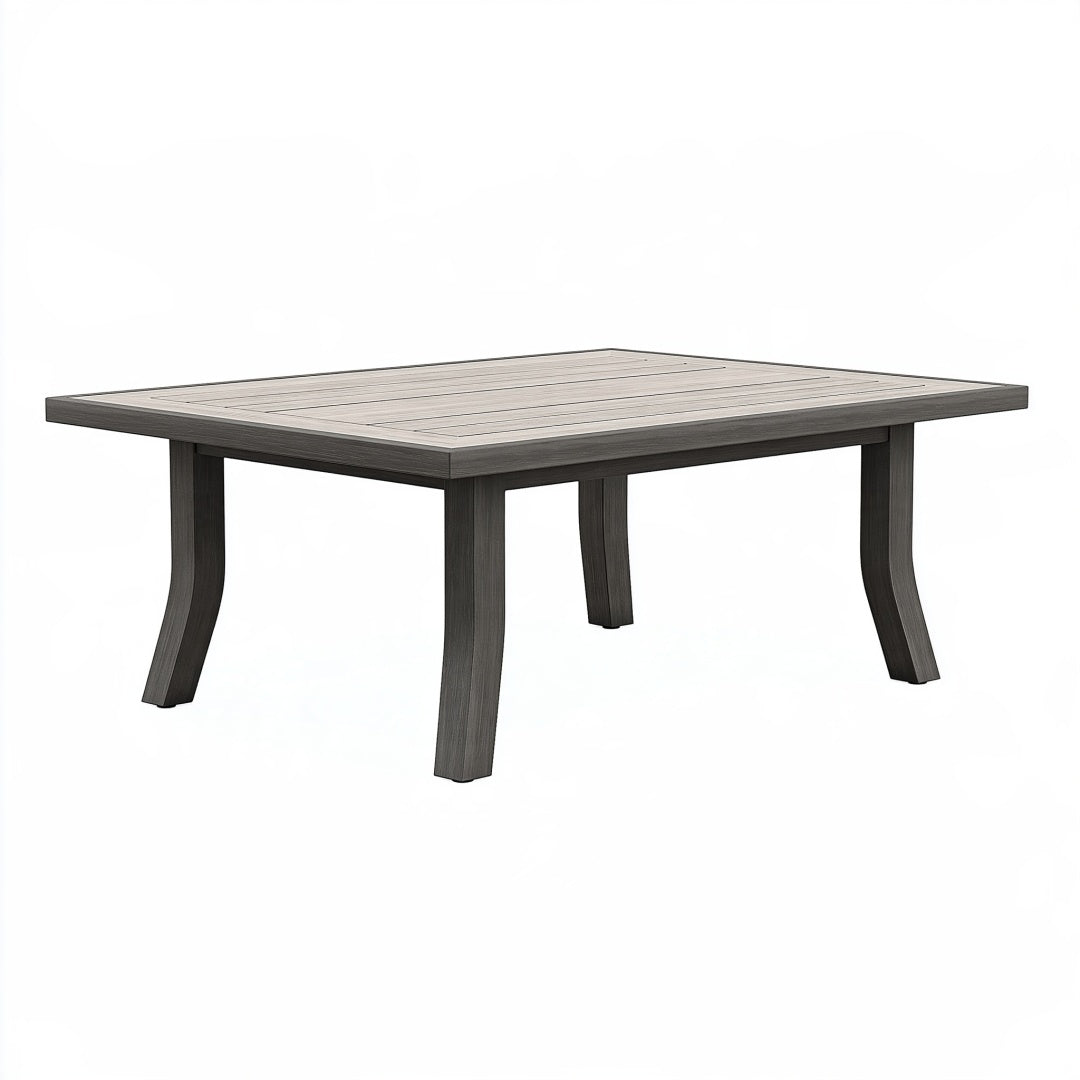 Tavolo da giardino rettangolare Ulmordiq in effetto legno grigio antracite, 180x90x75 cm con piano a doghe.