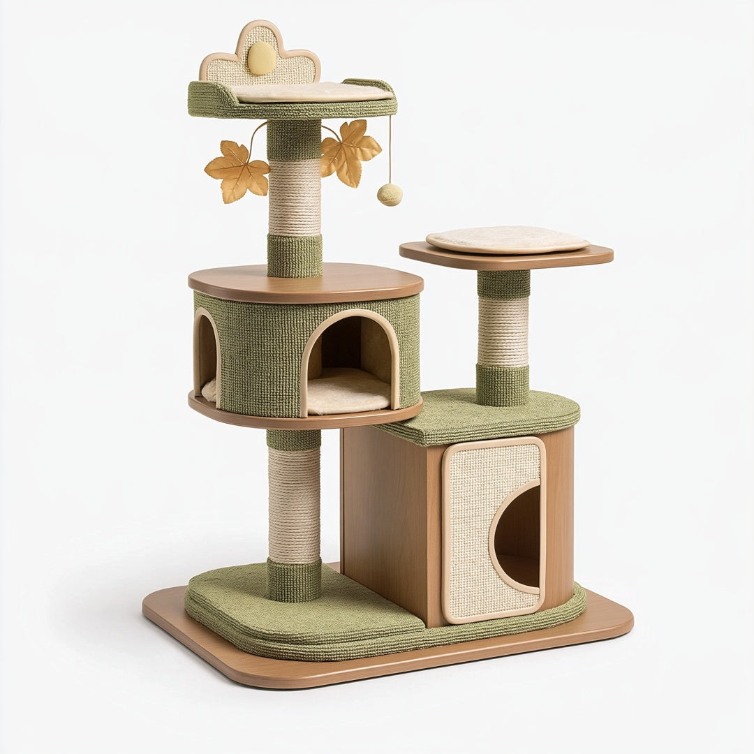 Tiragraffi per gatti Ulmordiq in legno, sisal e tessuto verde oliva beige con cuccia, piattaforme e gioco sospeso.