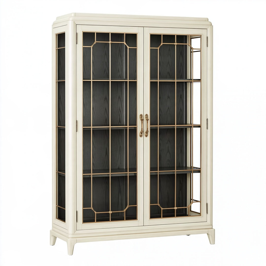 Vetrina in legno avorio con vetro e ripiani, stile classico, dimensioni 120x45x200 cm, marca Ulmordiq.