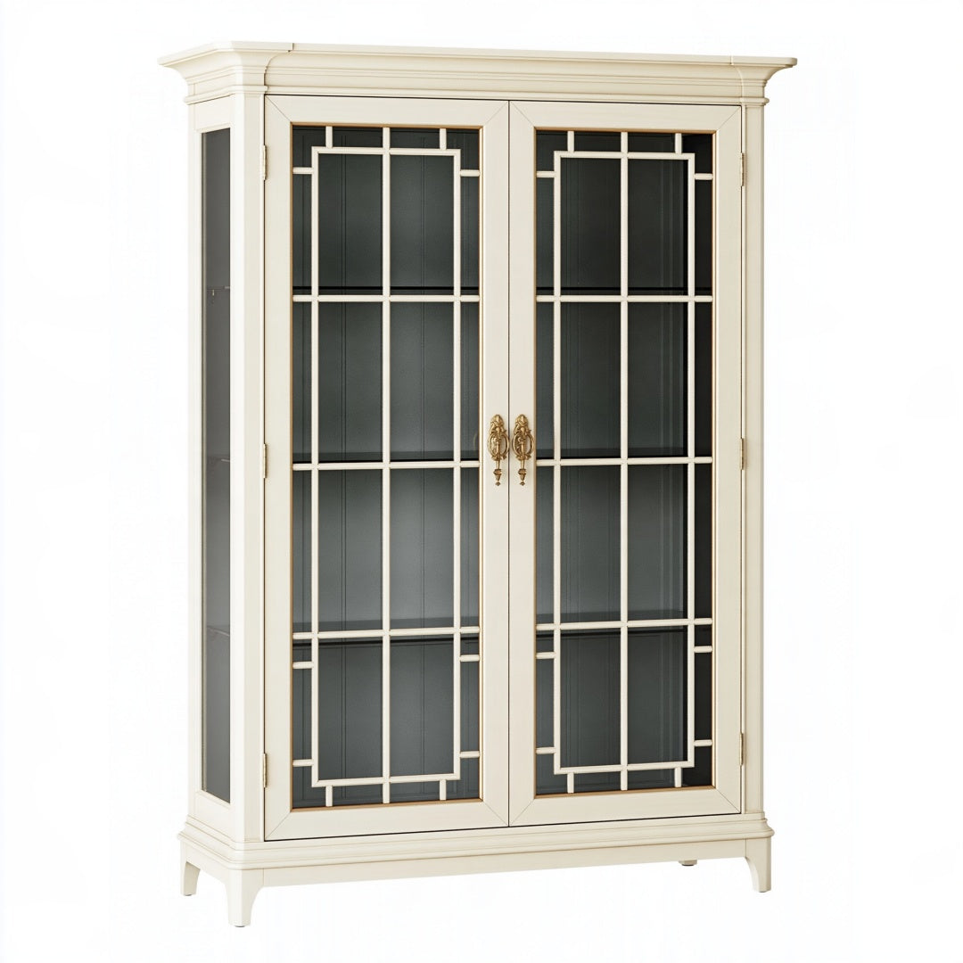 Vetrina classica in legno avorio con ante in vetro, dimensioni 110x45x200 cm, stile elegante e raffinato.