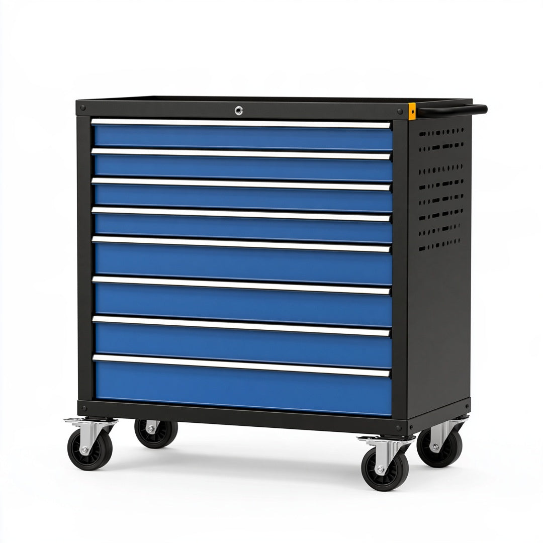 Carrello portautensili Ulmordiq in acciaio blu e nero con 8 cassetti e ruote, dimensioni 85x46x100 cm, per officina.
