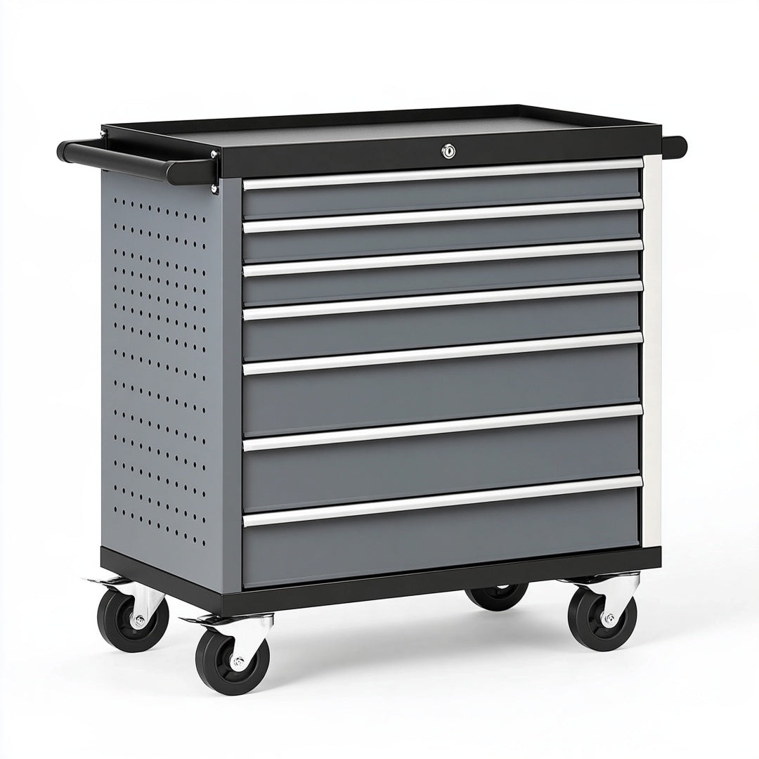 Carrello portautensili Ulmordiq in acciaio grigio nero con 7 cassetti e ruote, dimensioni 77x46x97 cm, per officina.
