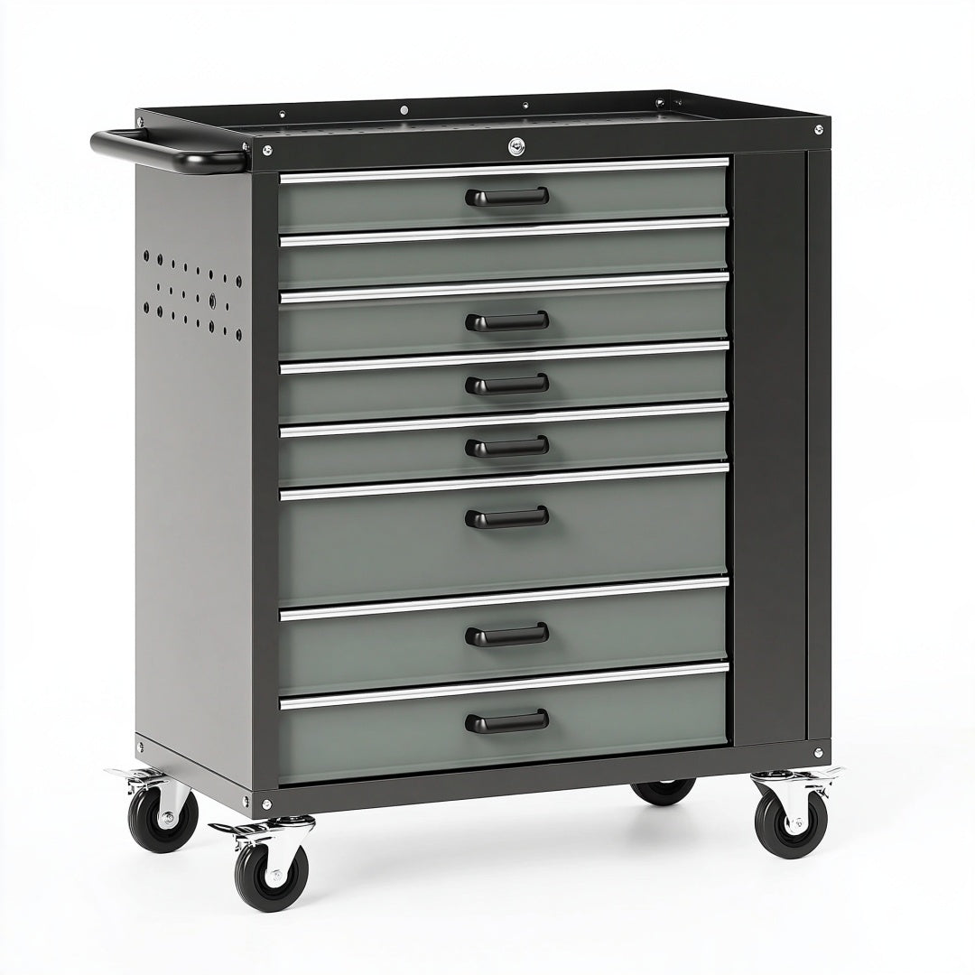 Carrello portautensili Ulmordiq in acciaio nero e grigio con 8 cassetti su ruote, dimensioni 77x46x96 cm, per officina.