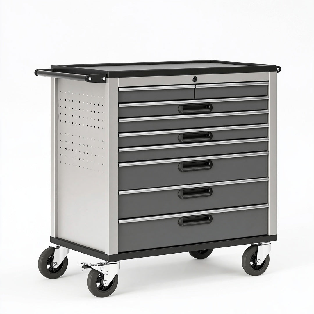 Carrello portautensili Ulmordiq in acciaio grigio e nero con 7 cassetti, dimensioni 75x46x95 cm, per utensili da lavoro.
