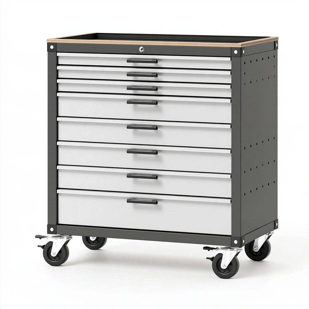 Carrello portautensili Ulmordiq in acciaio grigio e nero con 8 cassetti e ruote, dimensioni 77x46x97 cm.