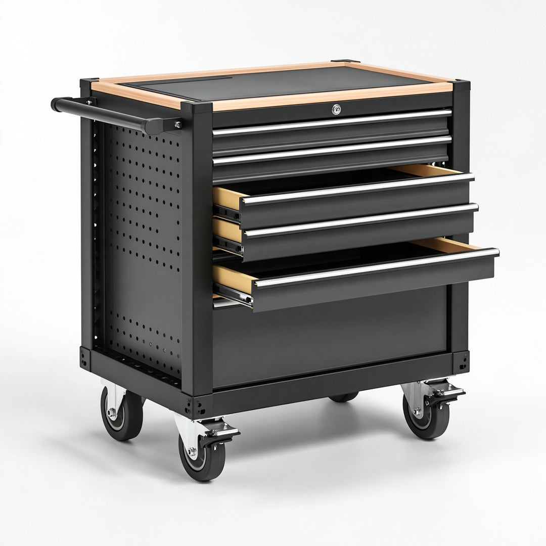 Carrello portautensili Ulmordiq in acciaio nero con 4 cassetti e ruote, dimensioni 85x50x95 cm, utensili e strumenti in vista