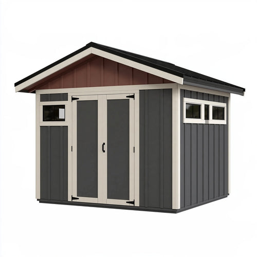 Casetta da giardino Ulmordiq in resina grigia con doppie porte e finestre, dimensioni 240x180x220 cm, stile moderno.