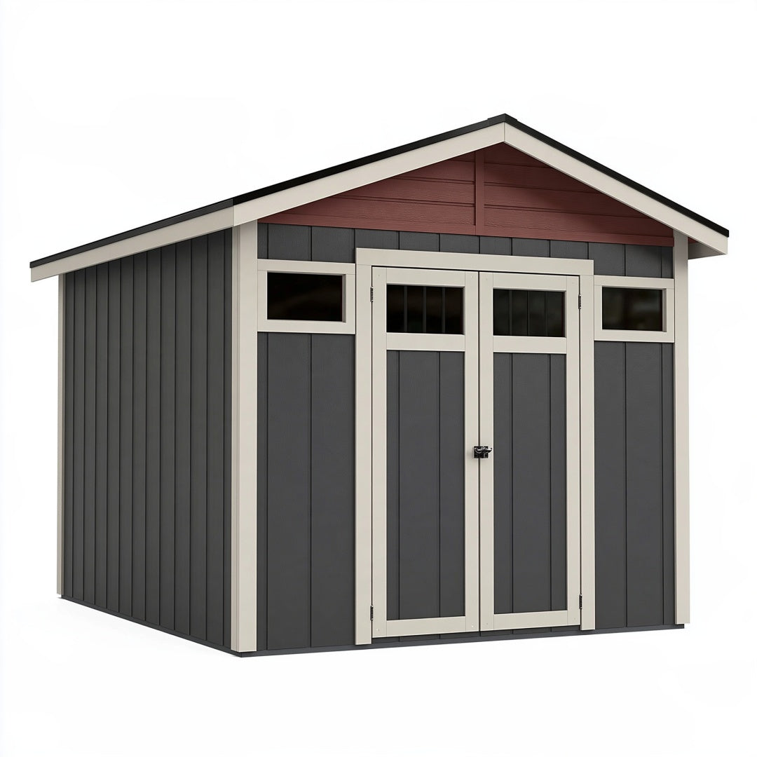 Casetta da giardino Ulmordiq in metallo grigio antracite, 240x180x220 cm, con doppia porta e spazio di stoccaggio.