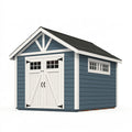 Casetta da giardino Ulmordiq in legno blu e bianco, misura 300x240x250 cm, con doppia porta e finitura elegante.