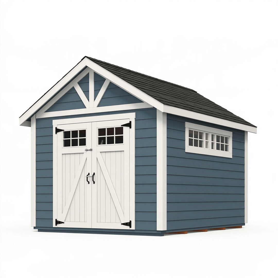 Casetta da giardino Ulmordiq in legno blu e bianco, misura 300x240x250 cm, con doppia porta e finitura elegante.
