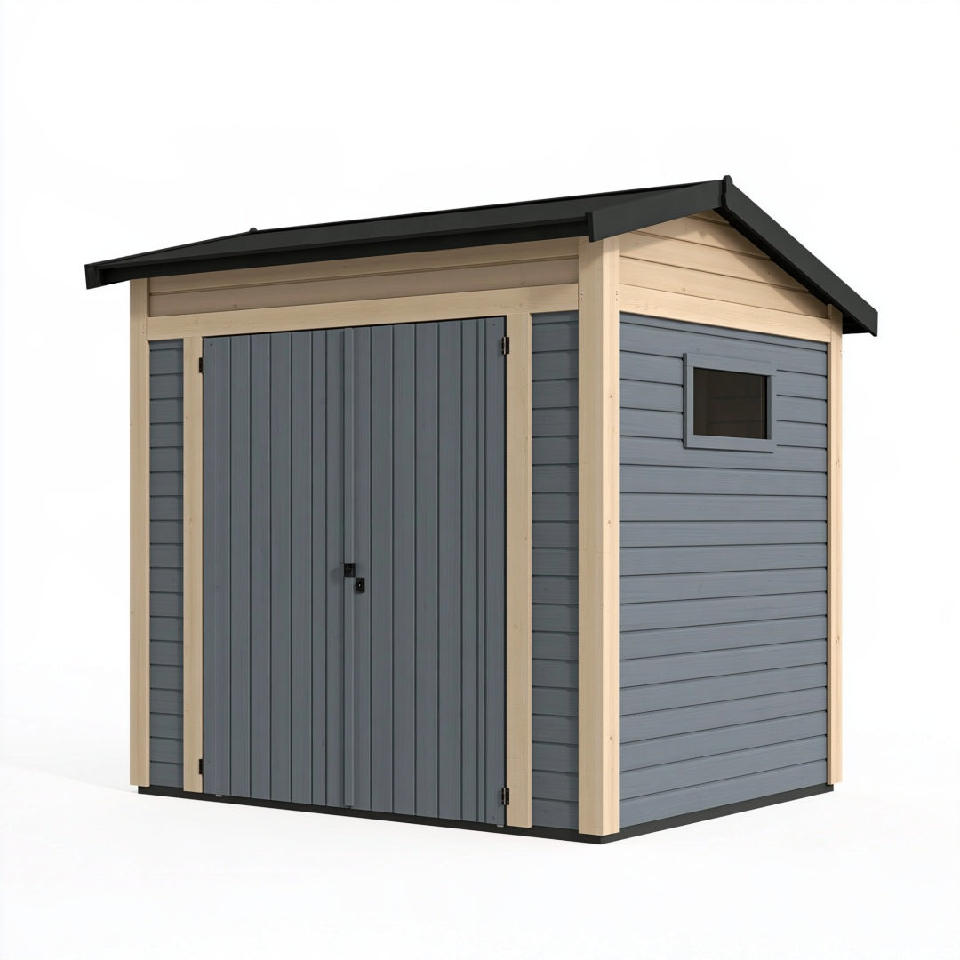 Casetta da giardino Ulmordiq in legno grigio, con doppia porta e finestra, misura 200x150x210 cm, ideale per spazio esterno.